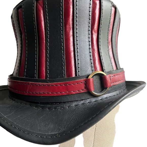 Black and Red Leather Top Hat - The Red Mad Hatter- 22.5” - Picture 6 of 15